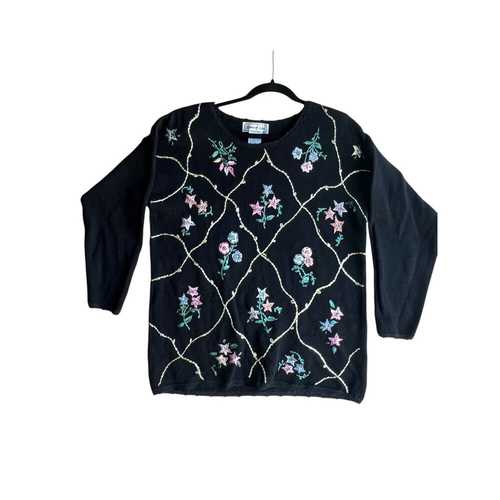 Spice of Life Vintage Women's Sweater Floral Embroidered Knit Black Size Small